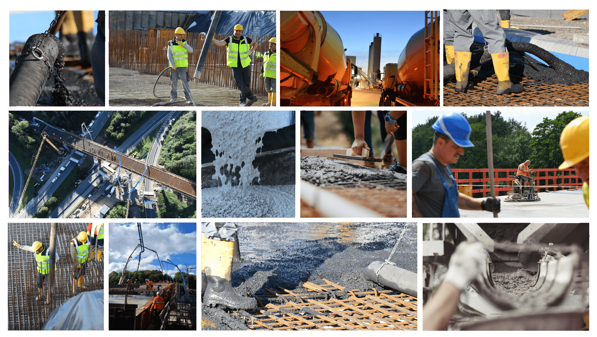 Collage aus Baustellen- und Betonarbeiten, von der Anlieferung über das Einbringen bis hin zur Verarbeitung und Großbaustellen.